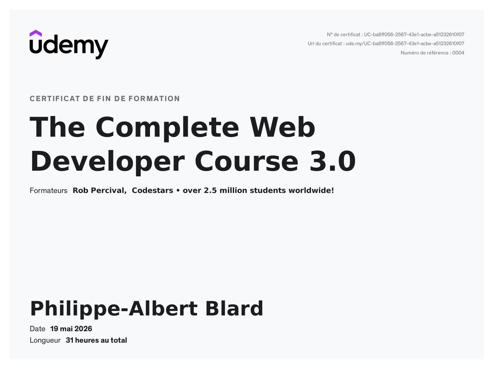 Aperçu Udemy Web Developer Course